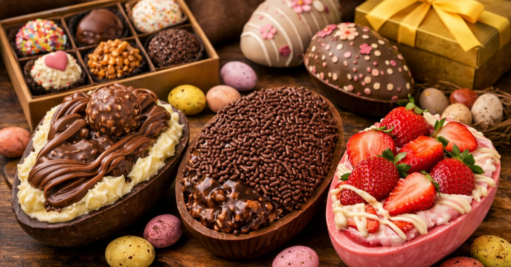 7 ideias de ovos de Páscoa para vender em 2026 com chocolates artesanais e ovos recheados.