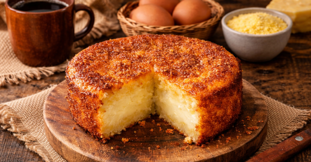 bolo de fubá cremoso da roça inteiro com textura cremosa e casquinha dourada