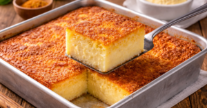 Receita de bolo de fubá cremoso caseiro com textura macia e cremosa, servido em pedaços em uma assadeira.