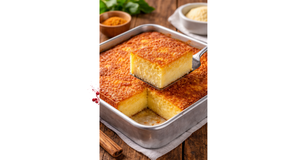 Receita de bolo de fubá cremoso caseiro com textura macia e cremosa, servido em pedaços em uma assadeira.