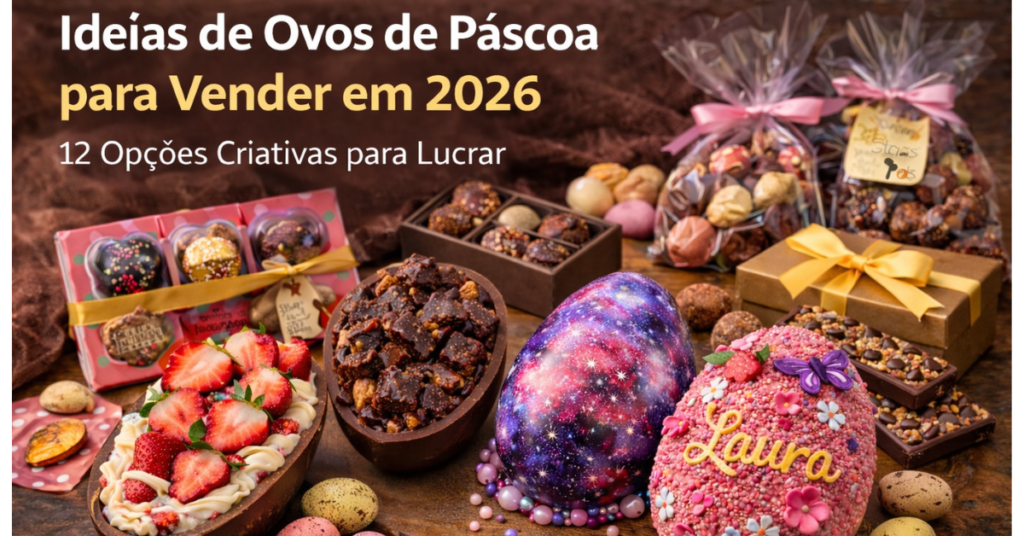 Ideias de ovos de Páscoa para vender em 2026 com chocolates artesanais criativos e ovos recheados.