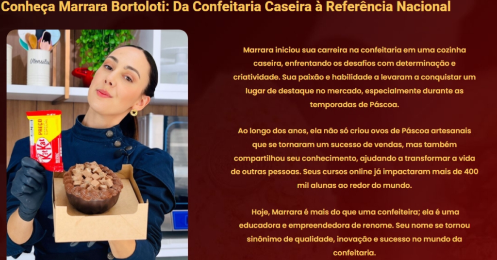 Marrara Bortolotti confeiteira criadora do curso A Nova Era da Páscoa 2026 mostrando ovo de Páscoa de chocolate.
