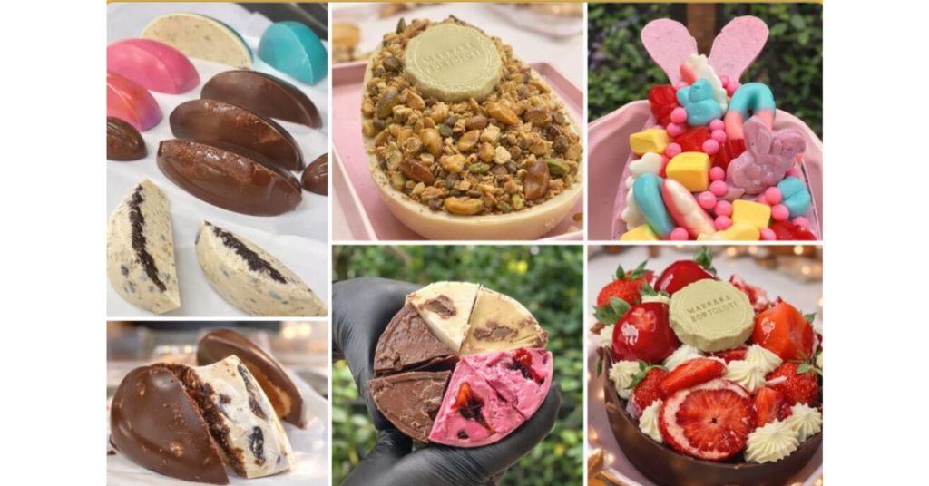 Marrara Bortolotti confeiteira criadora do curso A Nova Era da Páscoa 2026 mostrando ovo de Páscoa de chocolate.