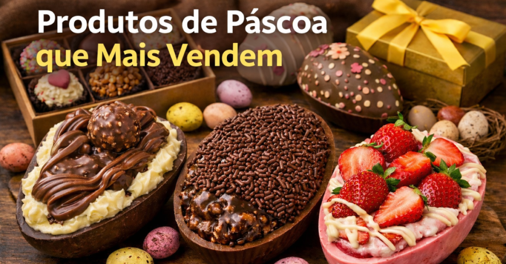 Produtos de Páscoa que mais vendem em 2026 com ovos de chocolate recheados, ovos de colher e doces artesanais.