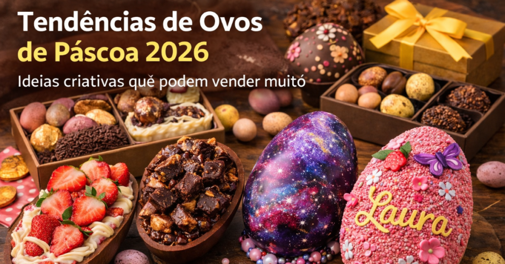 Tendências de ovos de Páscoa 2026 com chocolates artesanais criativos e ovos recheados para vender.