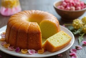 Bolo simples fofinho com 4 ingredientes, cortado em fatia, mostrando massa macia e dourada, ideal para café da manhã ou lanche da tarde.