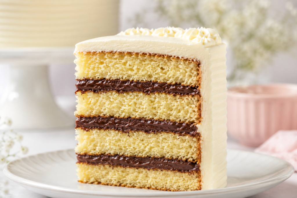 Fatia de bolo com massa estruturada para buttercream e recheio firme em camadas