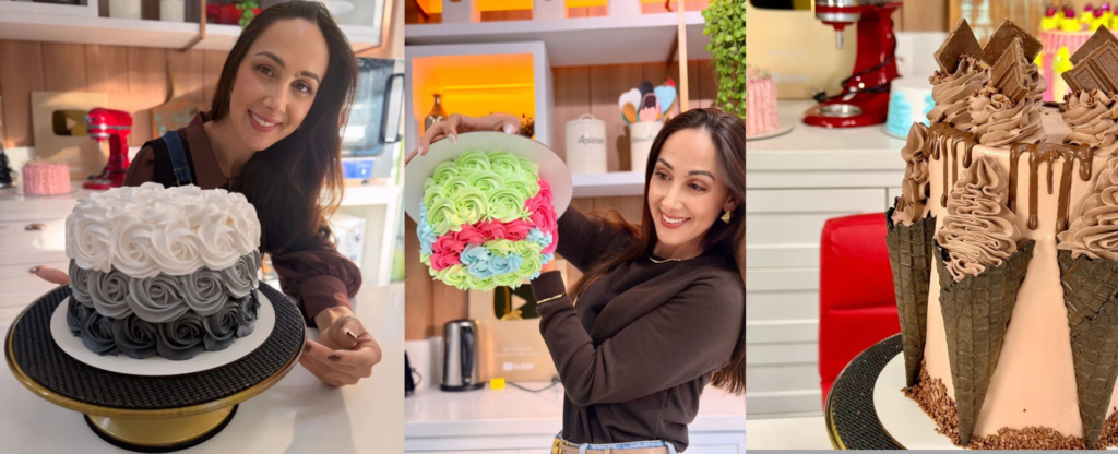 Bolos decorados preparados para venda em um pequeno negócio de confeitaria.

Objetivo:** conectar o aprendizado com a intenção comercial de quem quer trabalhar com bolos.