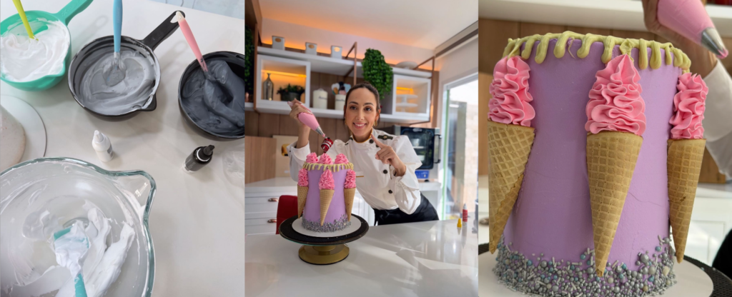 Confeiteira decorando um bolo com técnicas de acabamento e confeitaria.

Objetivo:** aproximar o leitor da experiência prática de aprender confeitaria.